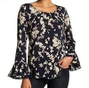 Pleione Floral Dark Blue & Cream Women's  Blouse